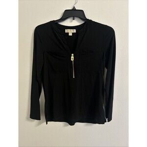 Michael Kors MK Logo Black Top Gold Logo Half Zip Up Women's Medium Shirt Blouse